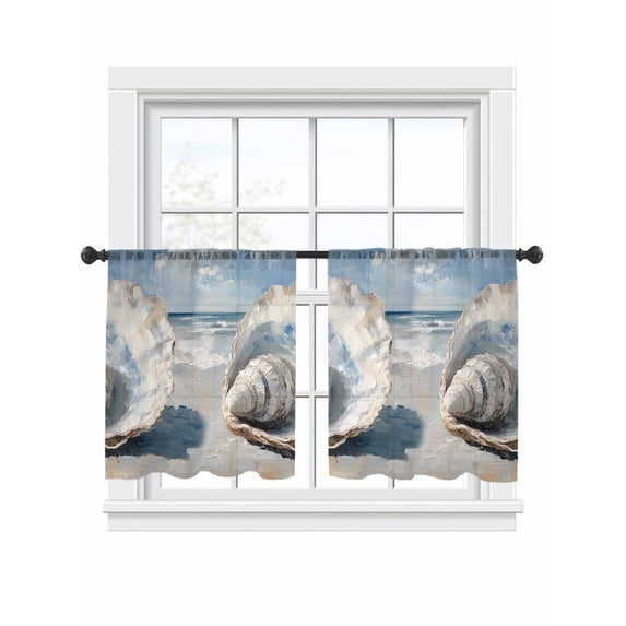 Oil Painting Texture Sheer Curtains 54 Inch Long 2 Panels, Modern Theme White Ocean Shell Light Filtering Rod Pocket Curtains, Sheer Voile Drapes for Living Room Bedroom, 52"x54"