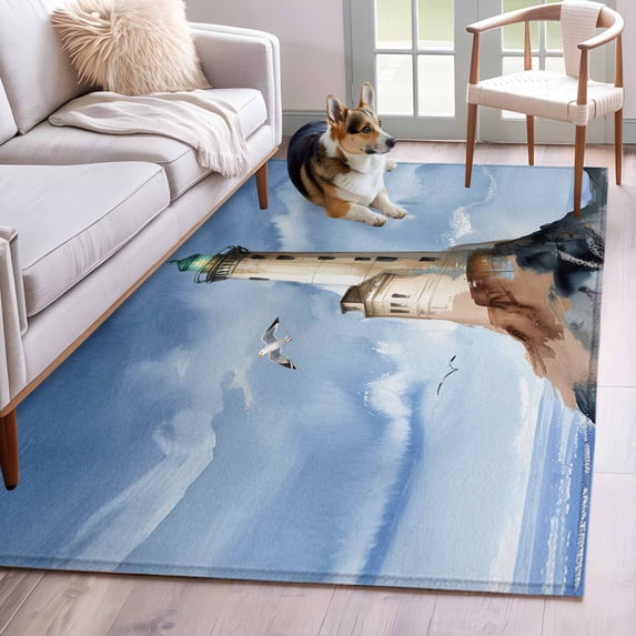 Oil Painting Theme Area Rugs 4x6 ft Watercolor Ocean Lighthouse Washable Rug Non Slip Indoor Carpet Absorbent Floor Mat for Living Room Bedroom Dining Room