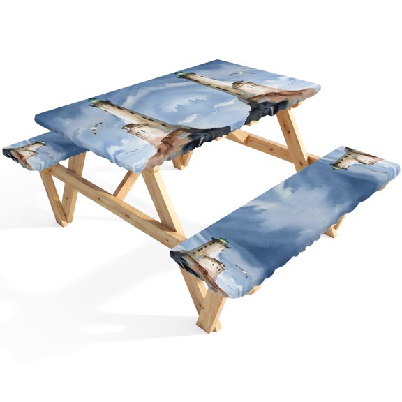 Oil Painting Theme Picnic Table Cover with Bench Covers Watercolor Ocean Lighthouse Waterproof Fitted Picnic Tablecloth 3 Pieces Set Table Cloth for Outdoor Camping Garden BBQ