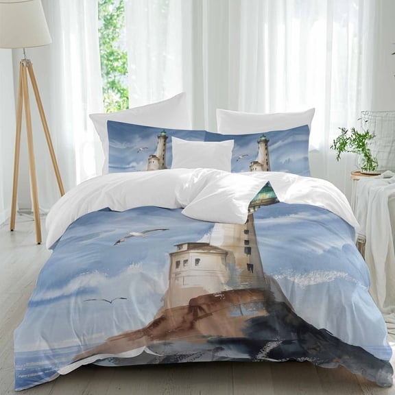 Oil Painting Theme Queen Size Comforter Set, Watercolor Ocean Lighthouse Bedding for All Seasons, 4 Pcs Bed Set, 1Quiltcover (90"x92") ,1Sheet(94"x116"), 2Pillowcases (30"x20")
