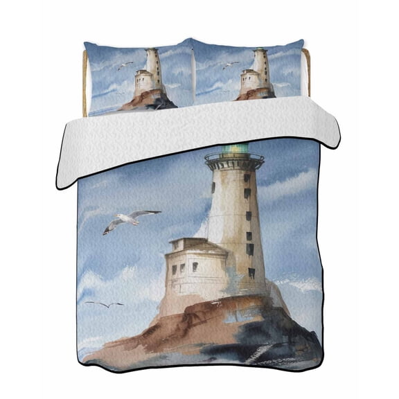Oil Painting Theme Quilts Bedding Set Queen Size Watercolor Ocean Lighthouse Lightweight Quilted Bedspread 3 Piece Bed Quilt with 2 Pillow Shams All Season for Bedroom 78" x 90"