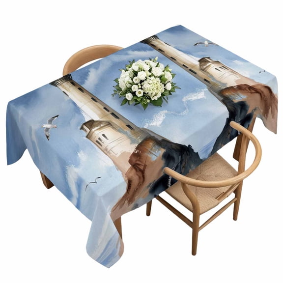 Oil Painting Theme Rectangle Tablecloth Watercolor Ocean Lighthouse Waterproof Wrinkle Free Soft Table Cloth Spill-Proof Washable Table Cover for Dining Party Picnic 60 x 120 Inch