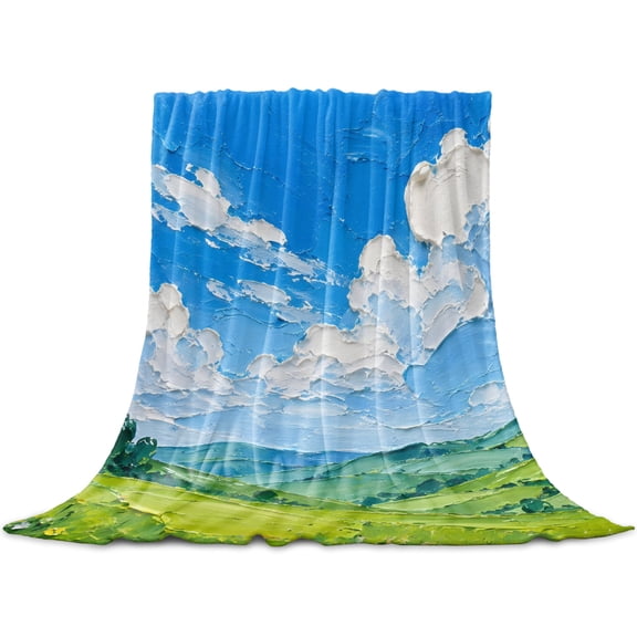 Oil Painting Throw Blanket for Couch, Soft Lightweight Flannel Fleece Blanket, Farmhouse Spring Mountain Nature Landscape Microfiber Plush All Season Decorative Blankets for Sofa Office Lap 30"x40"