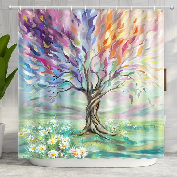 Oil Painting Tree Shower Curtain, Colored Seasons Tree Shower Curtain for Bathroom with Hook Polyester Fabric Washable Shower Curtain Set Home Office Decor Curtain
