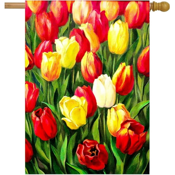 Oil Painting Tulips Flowers Blossom in the Meadow House Flag 28 x 40 Inch, Double Sided Outdoor Decorative Welcome Yard Flags for Home House Lawn Patio