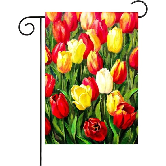 Oil Painting Tulips Flowers Blossom in the Meadow Garden Flag 12×18 Inch Small Vertical Double Sided Seasonal Outside Decor for Farmhouse Yard