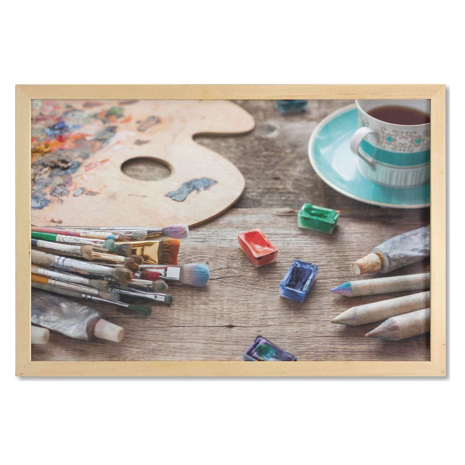 Oil Painting Wall Art with Frame Paintbrushes Artist Palette Pencils Coffee Cup on Wooden Table Watercolor Printed Fabric Poster for Bathroom Living