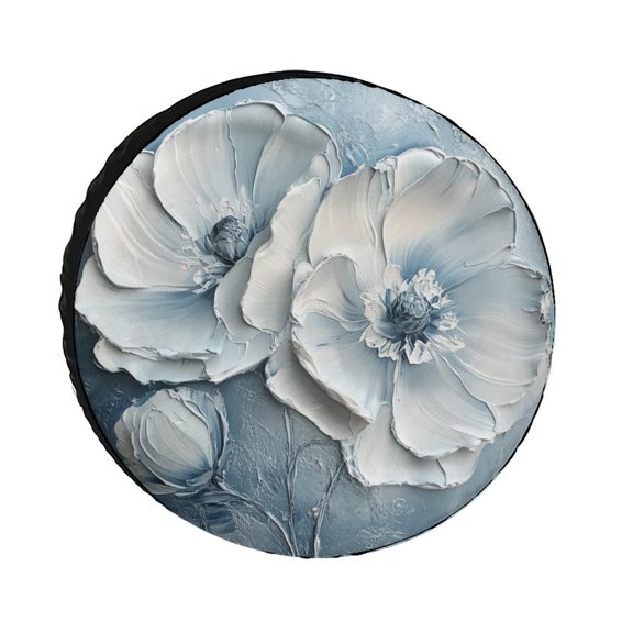 Oil Painting White Flowers Camping Spare Tire Cover Wild Flower Wheel Protectors Weatherproof Universal Fit for Trailer SUV Truck Camper Travel Trailers 12inch
