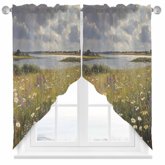 Oil Painting Wildflower Swag Kitchen Curtain Valances, Country Grassland Flowers Plant Rod Pocket Curtains Window Treatment Decor Valances for Bedroom Bathroom, 2 Panels 28 x 36 Inch