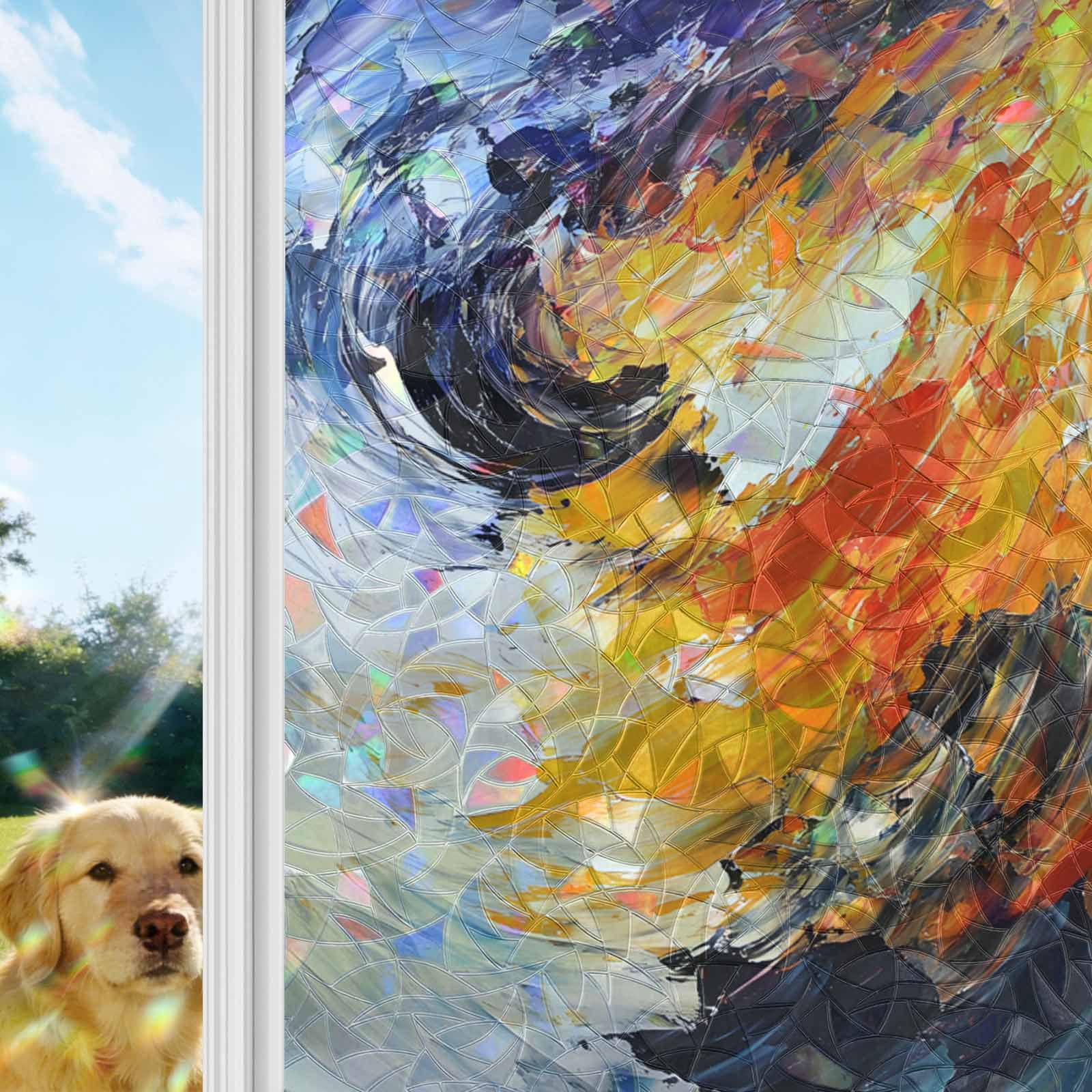 Oil Painting Window Privacy Film Stain Glass,Reusable Decorative Rainbow Window Film,Modern Abstract Colorful Smear Aesthetic Static Cling Sun Blocking Stickers Decals Covers 23.6" x 59" (2pcs)