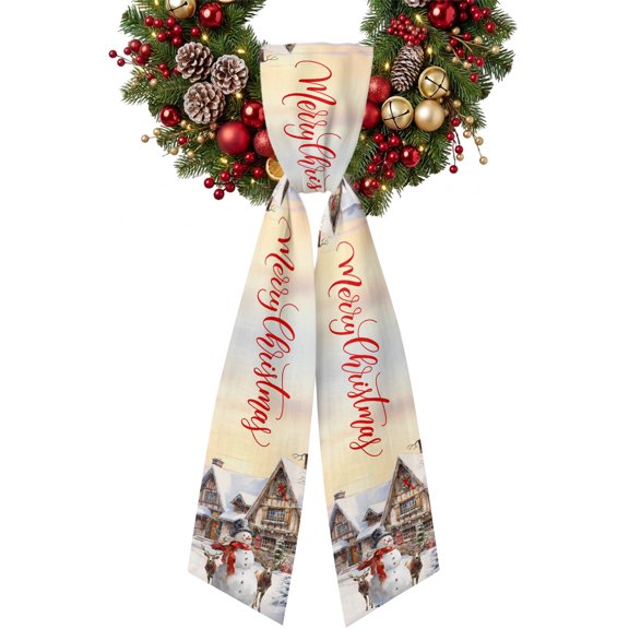 Oil Painting Wreath Sash for Front Door 4.5"x56", Christmas Snowman Elk Elf Double-Sided Bow Ribbon Decor for Wreaths, Stair Railings, Fireplace Mantel