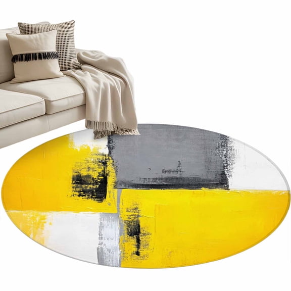 Oil Painting Yellow Grey Round Area Rug 4ft, Abstract Modern Street Grunge Art Washable Non-Slip Circle Rugs for Bedroom Living Room Kitchen, Soft Non Shedding Circle Carpet for Dining Room Dorm