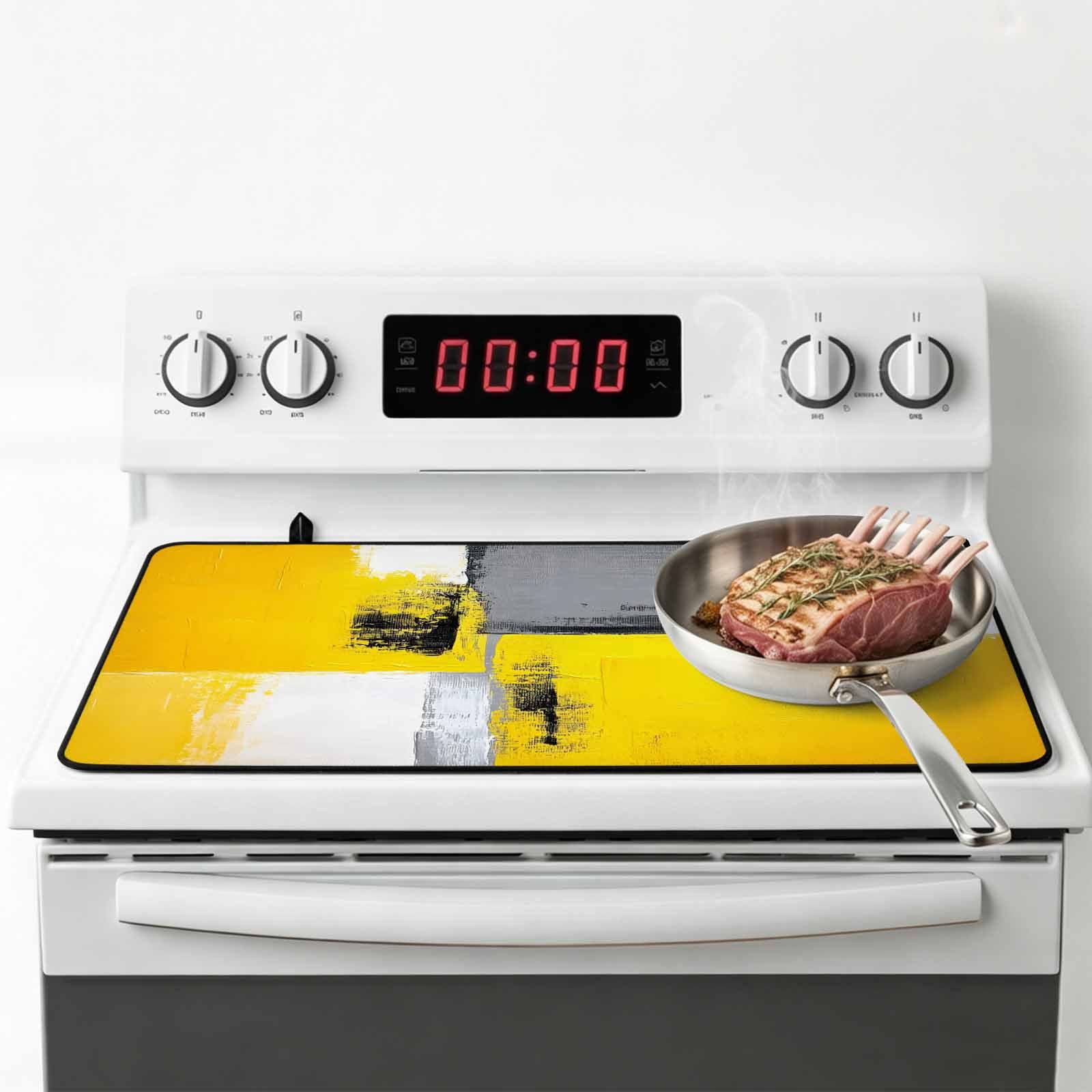 Oil Painting Yellow Grey Stove Top Cover for Electric Stove, Heat-proof & Non Slip Glass Top Stove Cover Protector, Abstract Modern Street Grunge Art Kitchen Flat Cooktop Rubber Mat 24x21 Inches