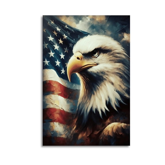 Oil Painting of Bald Eagle And American Flag Poster Poster Wrapped Wooden Frame Wall Decor,Made in USA