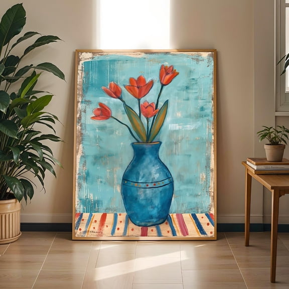 Oil Pastel Botanical Print Mid Century Minimalist Vase Flower Art Eclectic Boho Wall Decor