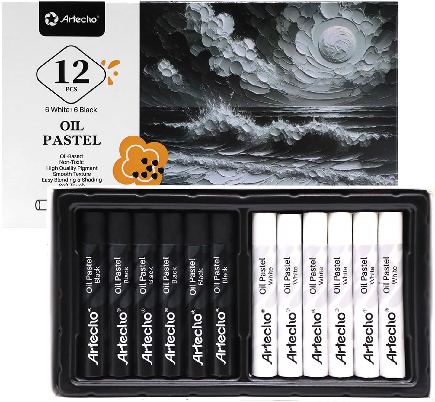 Oil Pastels Set of 12 PCS, 6 White and 6 Black, Crayons for Art Painting, Drawing, Blending (10 x 70 mm)