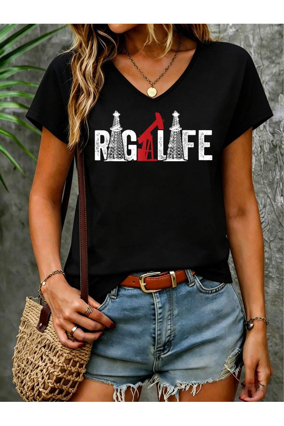 Oil Rig Life Oilfield Worker Oil Driller Man Oilman Drilling V Neck T-Shirt Cotton Women's V Neck Graphic Tee, Casual Short Sleeve Shirt,Vacation Outfit