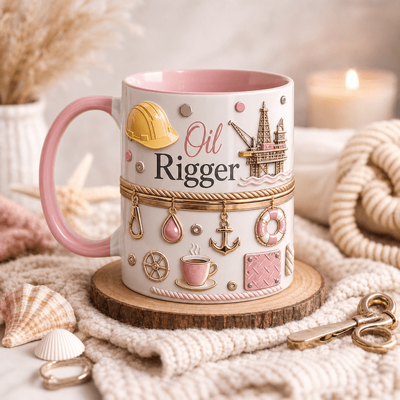 Oil Rigger Mug Personalized Pink Coffee Cup with Offshore Platform & Hard Hat Gift