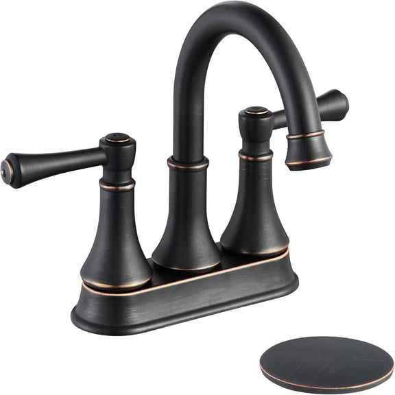 Oil Rubbed Bronze 2 Handle Centerset Bathroom Sink Faucet with Pop up Drain, High Arc Modern 4 Inch Bathroom Vanity Lavatory Faucet for 3 Holes with Brass 360 Swivel Spout