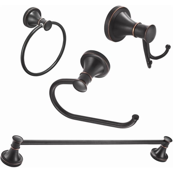 Oil Rubbed Bronze 4 Piece Bathroom Accessories Set (Single Towel Bar, Towel Ring, Toilet Paper Holder, Double Towel Hooks), Wall Mounted Bath Hardware Accessory Fixtures Set