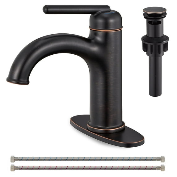 Wowkk Bathroom Faucet Oil Rubbed Bronze Bathroom Sink Faucets Single Handle Vanity Faucet Pop-Up Drain Included, Modern RV Faucet with Water Supply Line and Deck Mount 1 Hole or 3 Hole