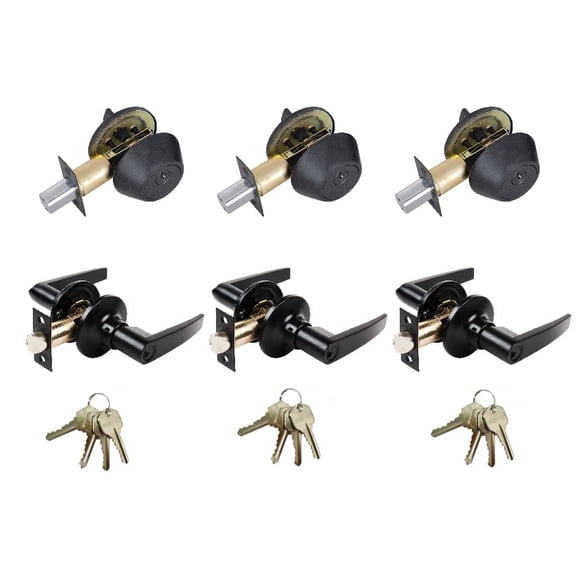 Matte Black Entry Door Handle Combo Lock Set with Deadbolt and 12 KW1 Keys Total (3-Pack, Keyed Alike)