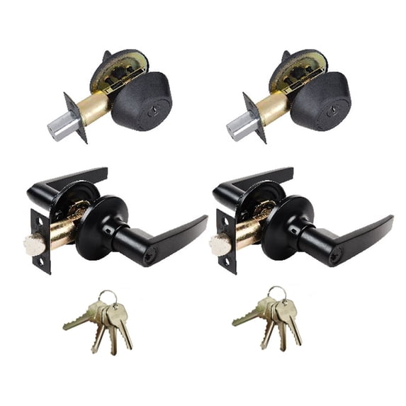 Matte Black Entry Door Handle Combo Lock Set with Deadbolt and 8 KW1 Keys Total (2-Pack, Keyed Alike)