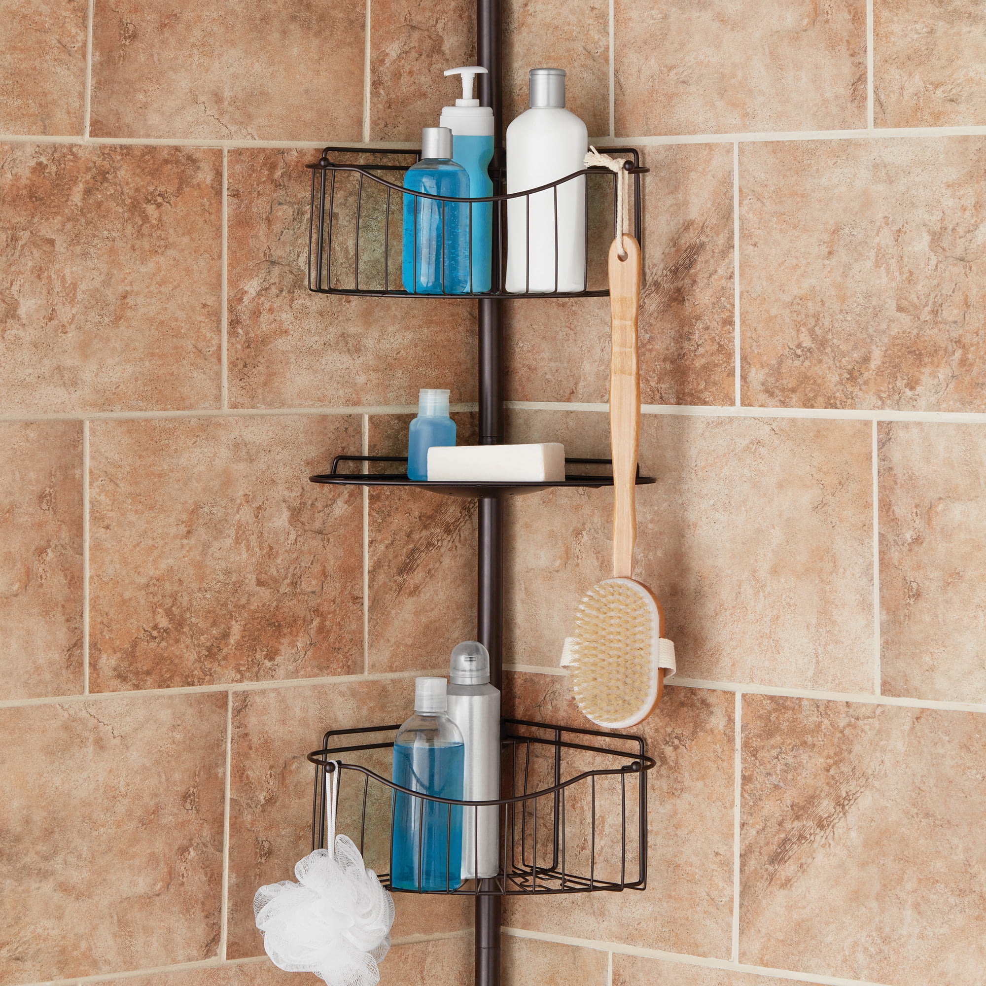 Better Homes & Gardens Rust-Resistant Tension Pole Shower Caddy, 3 Shelves,  Oil Rubbed Bronze Finish