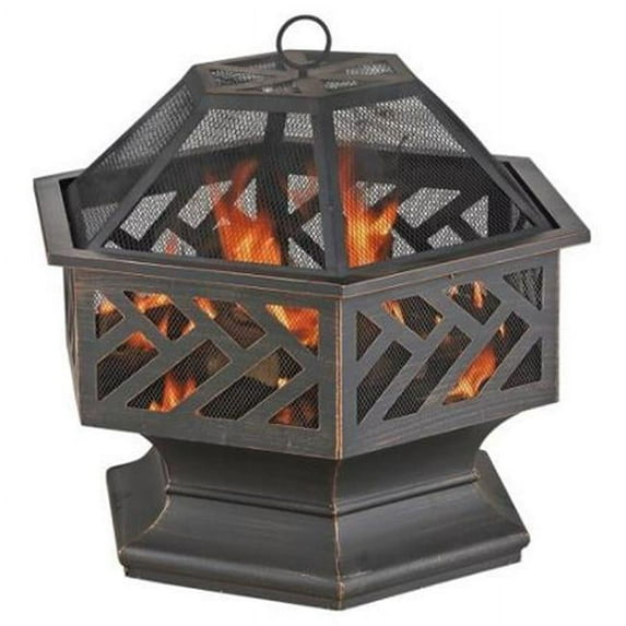 Oil Rubbed Bronze Wood Burning Outdoor Firebowl with Geometric Design