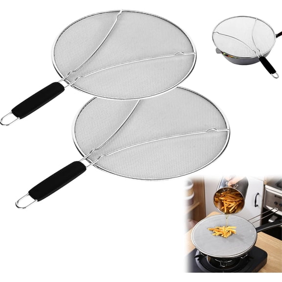 Oil Splatter Screen for Frying Pans, 2026 New Stainless Steel Splatter Screen with Grip Handles, Multi-functional Mesh Splatters Guard for Pans(33cm+38cm)