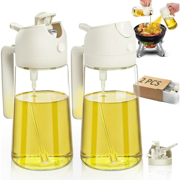 Oil Sprayer for Cooking 2pcs,2 in 1 Oil Dispenser and Oils Sprayer Kitchen Gadgets-16oz Glass Oils Spray Bottle,Mist Olive OilDispenser,Air Fryer,Salad,Grill (White Kitchen Accessories)