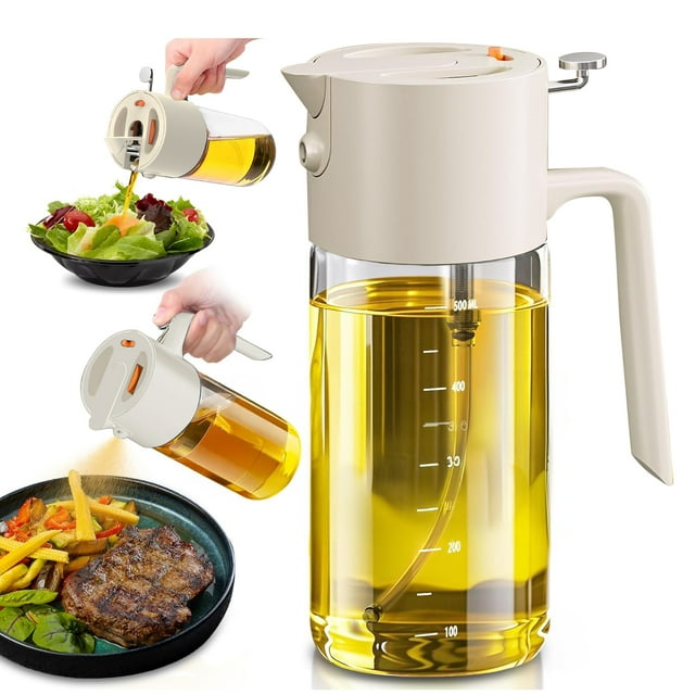 Oil Sprayer for Cooking, Advanced Olive Oil Dispenser Bottle,500ml/17oz Glass Olive Oil Sprayer,2 in 1 Even Spray with Portion Control for Kitchen, Air Fryer, Salad, BBQ (White)
