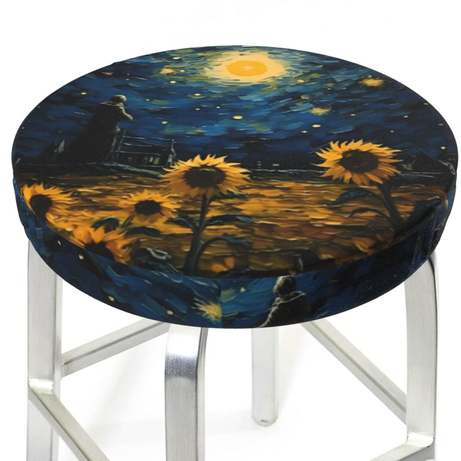 Oil Starry Sky Sunflower Bar Stool Covers - Stretch Round Seat Covers ...