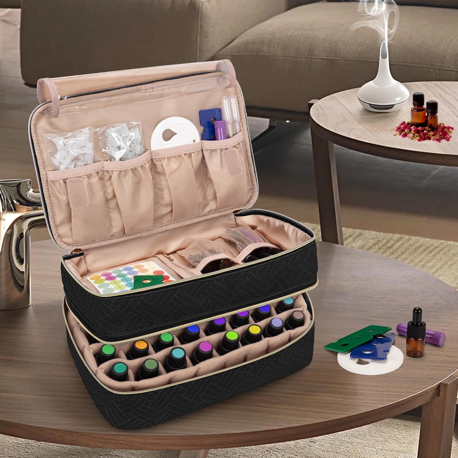 Oil Storage Case Holds 40 Bottles, Black Organizer with Tool Storage Sections