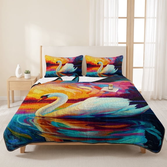 Oil Style Animals Swan 3 Pieces Quilt Set,1 Quilt with 2 Shams,Sunset Background Bedspread Soft Lightweight Bedding Coverlet Comforter Set for All Season 96"x106"