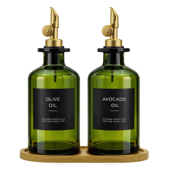 Oil & Vinegar Cruet Set Green&Gold Spout 11.8 Ounces Cooking and Serving