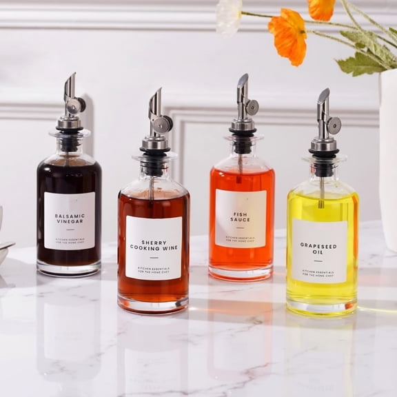 Oil and Vinegar Dispenser with Metal Pour Spout, Weighted Pourer, Glass Bottle Dispenser for Kitchen, Olive Oil Cruet, Glass Olive Oil Bottle | 500ml, Set of 2