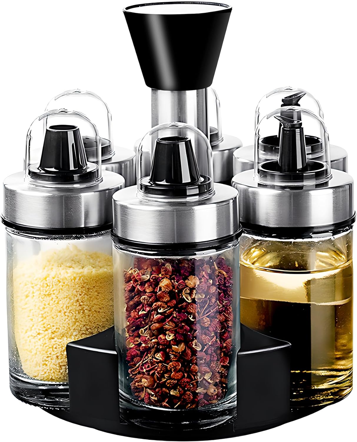 Oil and Vinegar Dispenser Set of 6 Bottles, Stainless Steel Salt Pepper Holder with 360° Rotating Holder, Cruet Soy Sauce - Premium Glass Condiment for Kitchen, Tabletop, Kitchen Containers