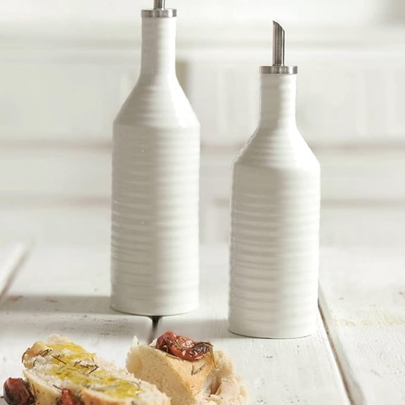 Oil & Vinegar Drizzler Set, 10.5 Inch Pourer & 9 Inch Dispenser, Fine Porcelain White Bottles for Tabletop Serving & Kitchen Use, Dishwasher Safe