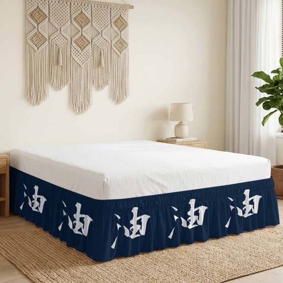 Oil Word Bed Skirt Bed Skirts Queen Size 16 Inch Drop, Japanese Oil Word Blue Background Wrap Around Dust Ruffle Bedskirt with Adjustable Elastic Belt for Queen Size Beds