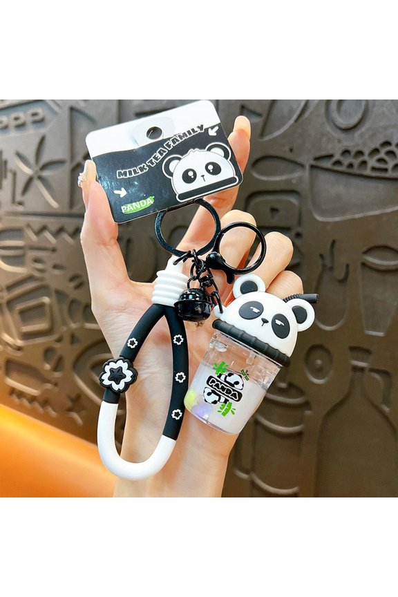 Oil-filled panda milk tea cup keychain pendant, exquisite floating pendant, couple's bag decoration, foreign trade