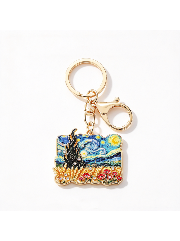 Oil painting keychain, retro art design, alloy material gift pendant, inlaid with rhinestone