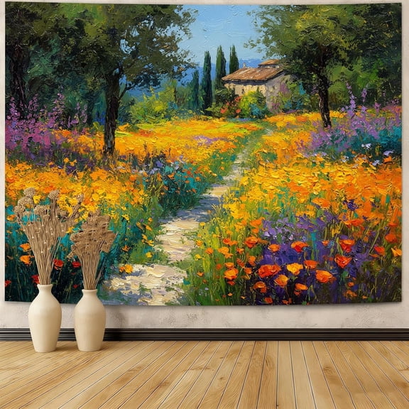 Oil painting tapestry Forest Flower fields, sea of flowers tapestry landscape painting hanging, country decoration for living room, bedroom 78.459.05 inches