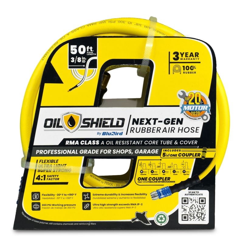 OilShield 3/8" x 50' Rubber Air Hose with BluBird 5-in-1 Safety Coupler – 300 PSI, Class A Oil Resistant, Solid Brass Fittings, -30°F to 180°F Flexibility, Kink & Abrasion Resistant – 3 Yr Warranty