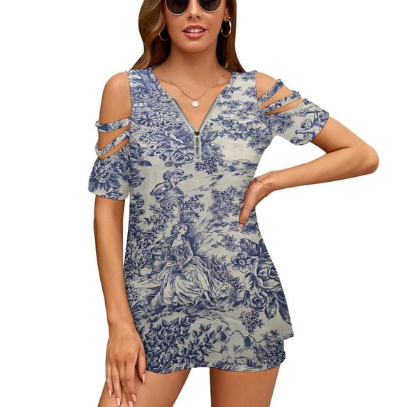 Oile De Jouy Womens Summer V Neck Zipper Top Short Sleeve T Shirt Off Shoulder Top Casual Classy Loose Shirts