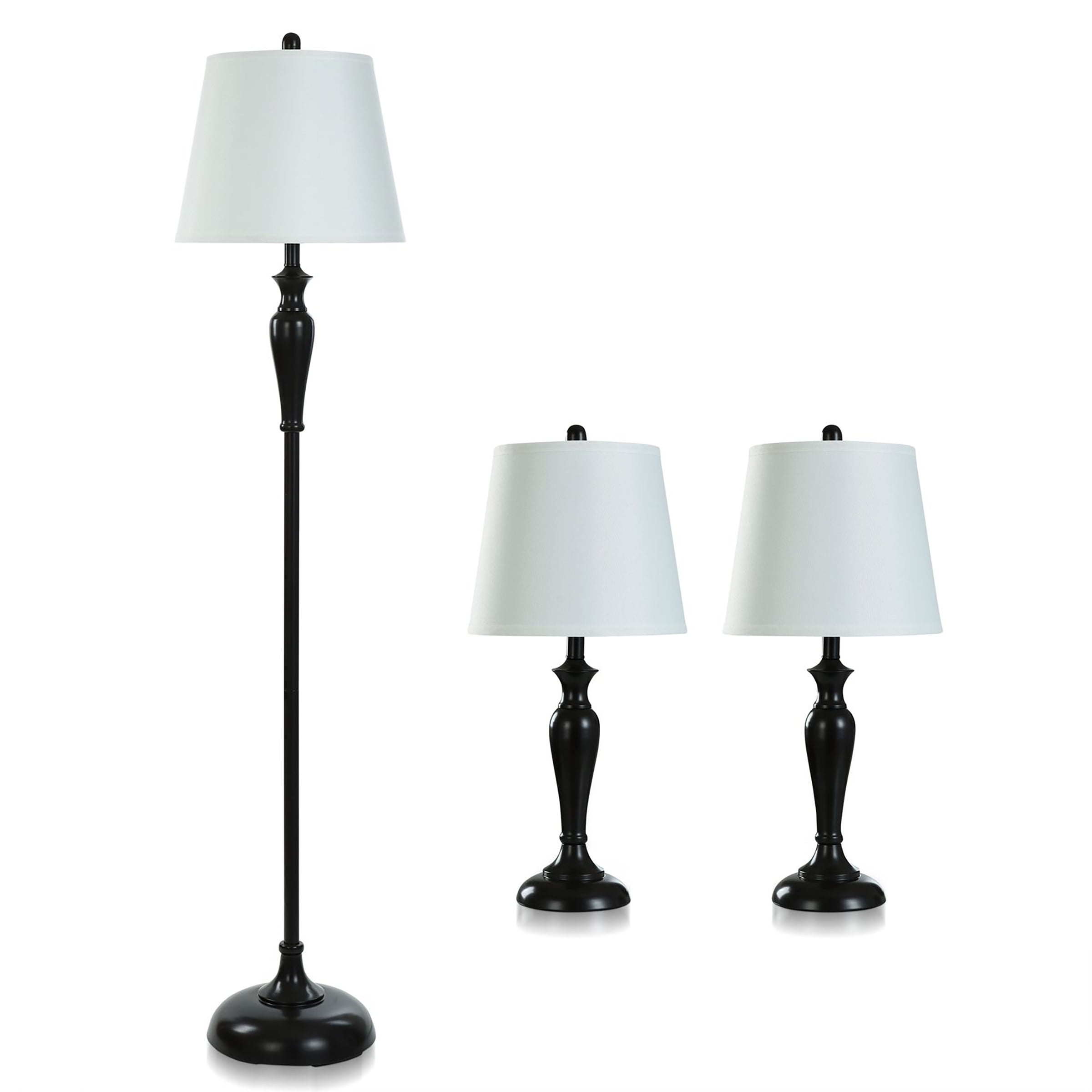 Elegant Oiled Bronze 3-Lamp Set with White Hardback Shades