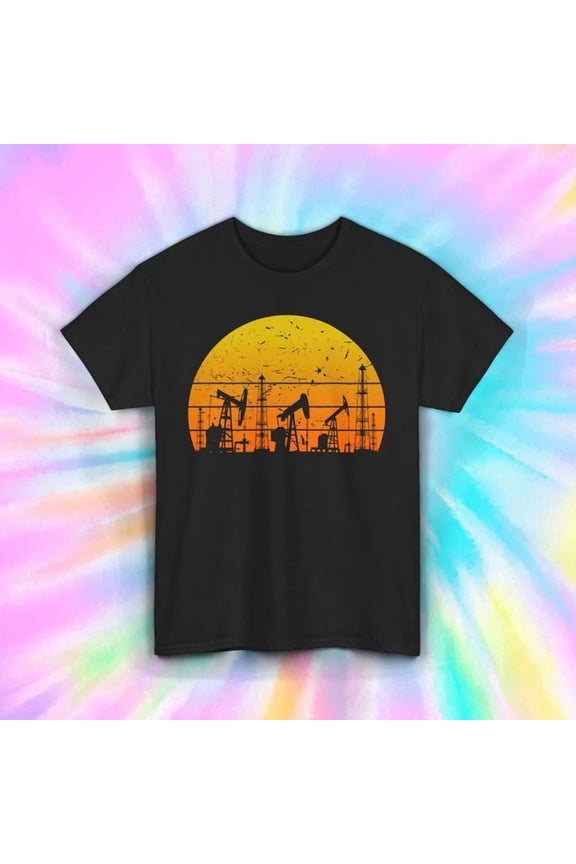 Oilfield Shirt Sunset Pumpjack Silhouette Roughneck Work Tee