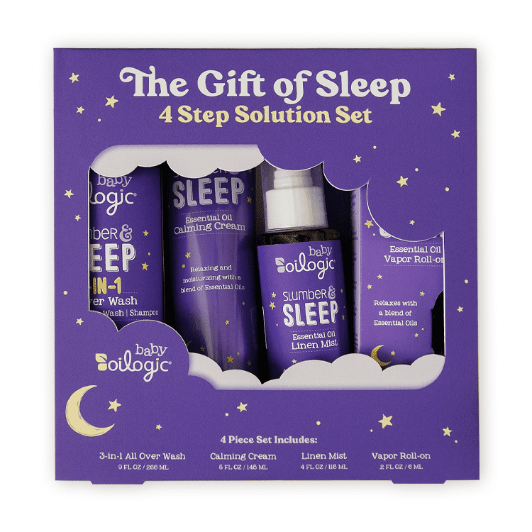 Oilogic, The Gift of Sleep, Baby Sleep Bundle using Essential Oils, Essential Oil Roll on .2 oz, All-Over Wash 9 oz, Calming Cream 5 oz, Linen Mist, 4 oz