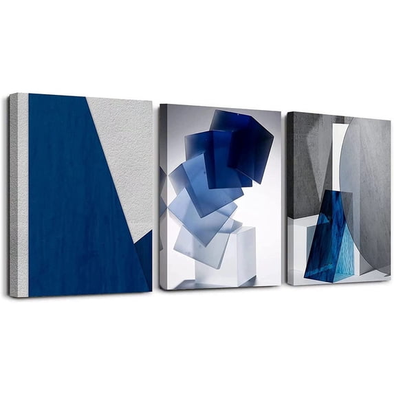 Oilpa Art Blue Abstract Wall Art for Living Room Decor 12x16 Modern Blue White Grey Abstract 3D Geometric Canvas Panels Painting Picture Framed Artwork Office Bathroom Bedroom Home Decor 3 Pieces