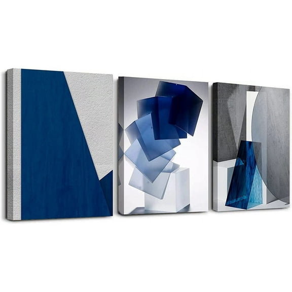 Oilpa Art Blue Abstract Wall Art for Living Room Decor 12x16 Modern Blue White Grey Abstract 3D Geometric Canvas Panels Painting Picture Framed Artwork Office Bathroom Bedroom Home Decor 3 Pieces